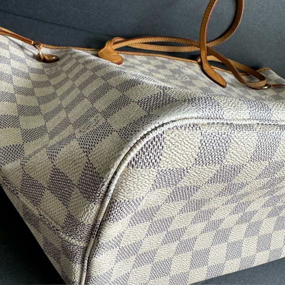 Louis Vuitton Neverfull MM Damier Azur Tote Bag Cream Checkered Purse Authentic - Picture 14 of 16
